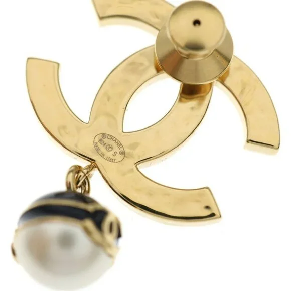 Chanel CC Logo Faux Pearl Brooch Black Gold